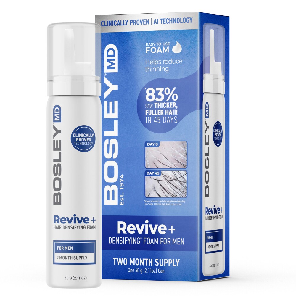BosleyMD MD Revive+ Densifying Foam for Men, hair care product in a pump bottle, designed to add volume and improve hair density.