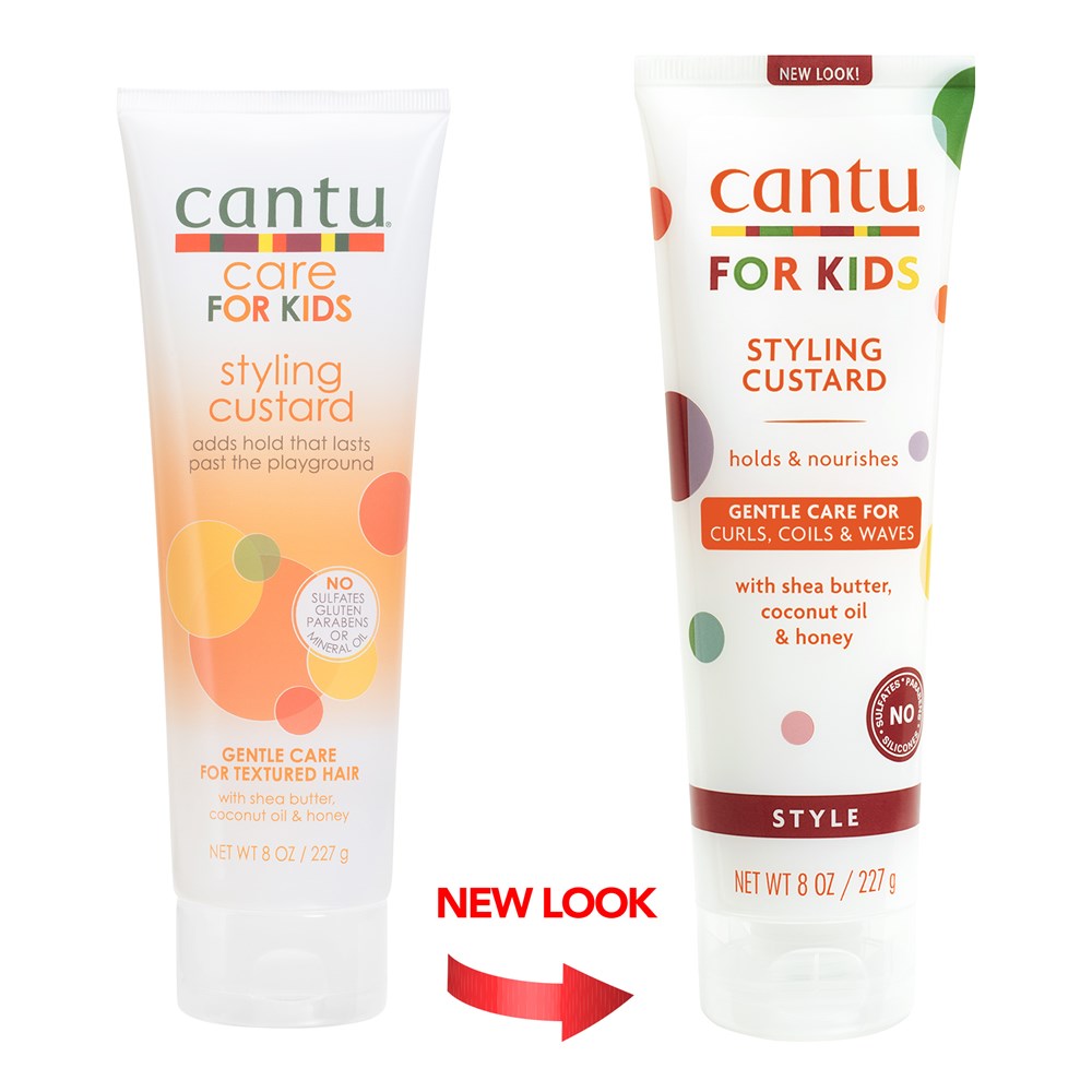 Cantu Care for Kids Styling Custard in 8oz jar, hair care product with natural ingredients for kids' hair styling and moisture.