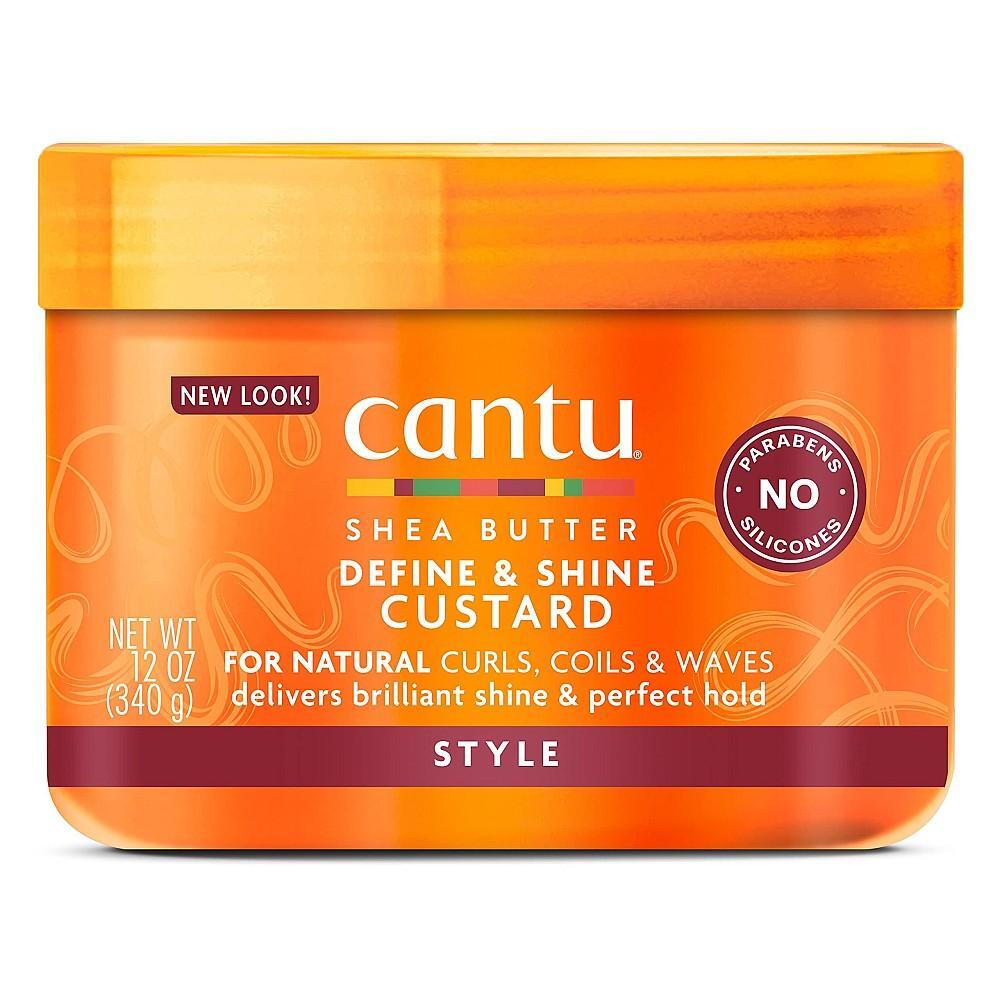 Cantu Shea Butter Define & Shine Custard for natural hair, 12oz, in a jar with product label, for hair styling and shine.