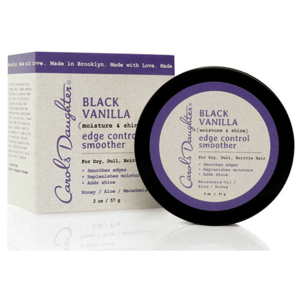 Carol's Daughter Black Vanilla Edge Control in 2 oz jar, hair care product for smoothing and styling edges.