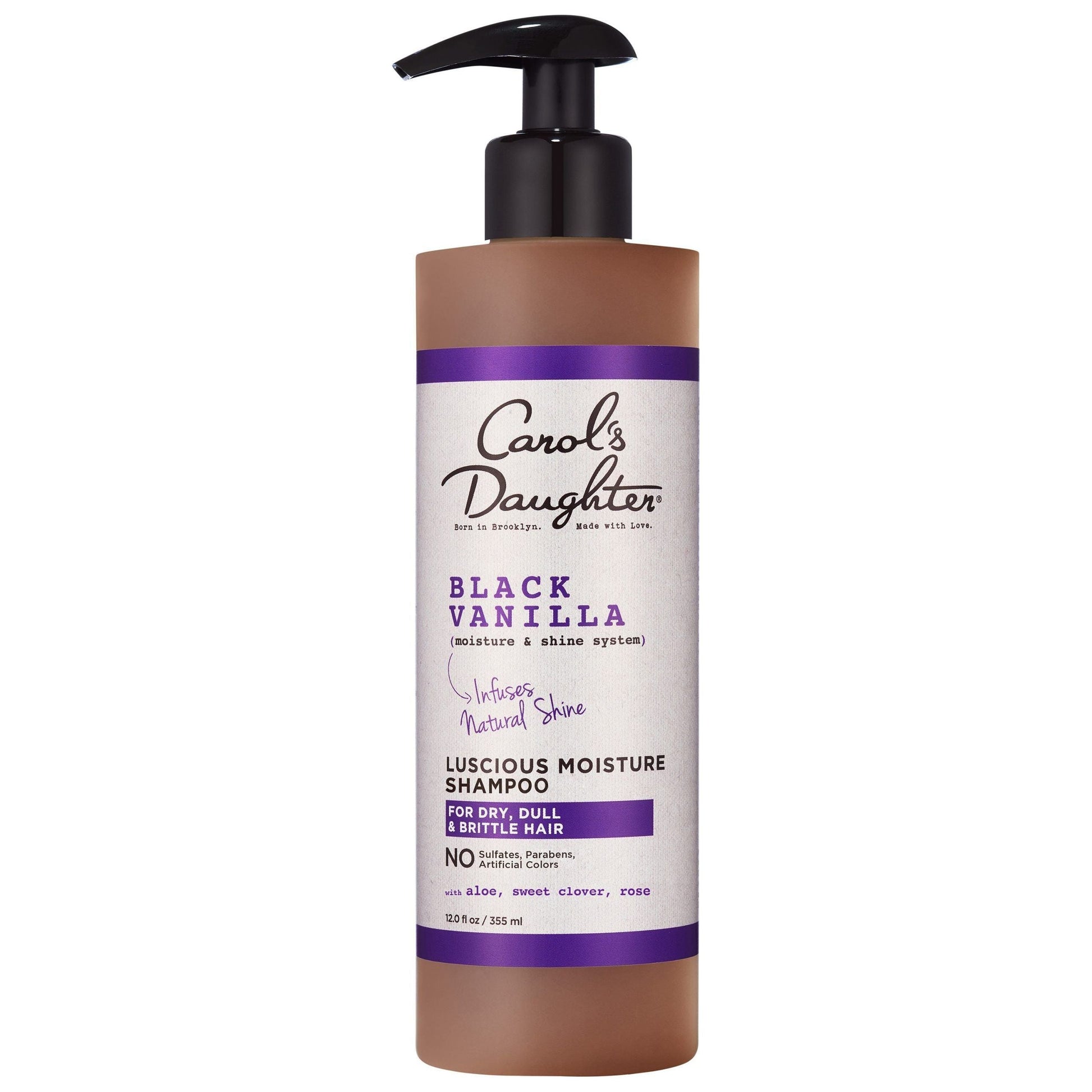 Carol's Daughter Black Vanilla sulfate-free shampoo bottle for hair care, featuring black vanilla scent and 12 oz size.