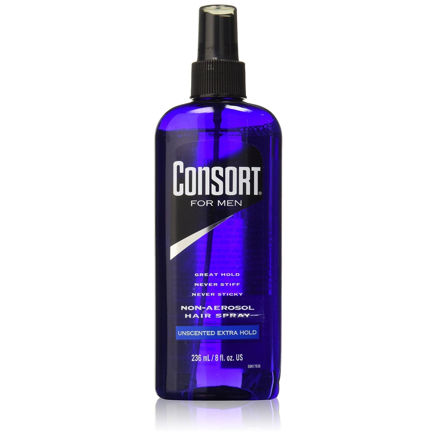 Consort for Men unscented extra hold hair spray in 8 oz non-aerosol bottle, hair care product by Pasteur Pharmacy