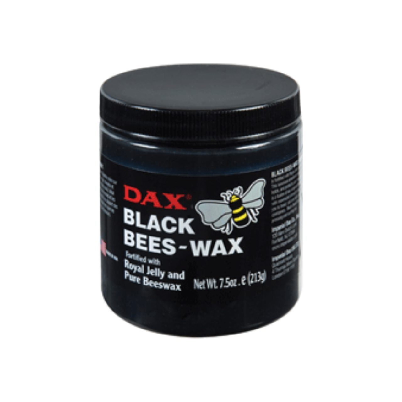 DAX Black Beeswax Styling Wax in 7.5 oz jar, fortified with royal jelly for strong hold, designed for hair care and styling.