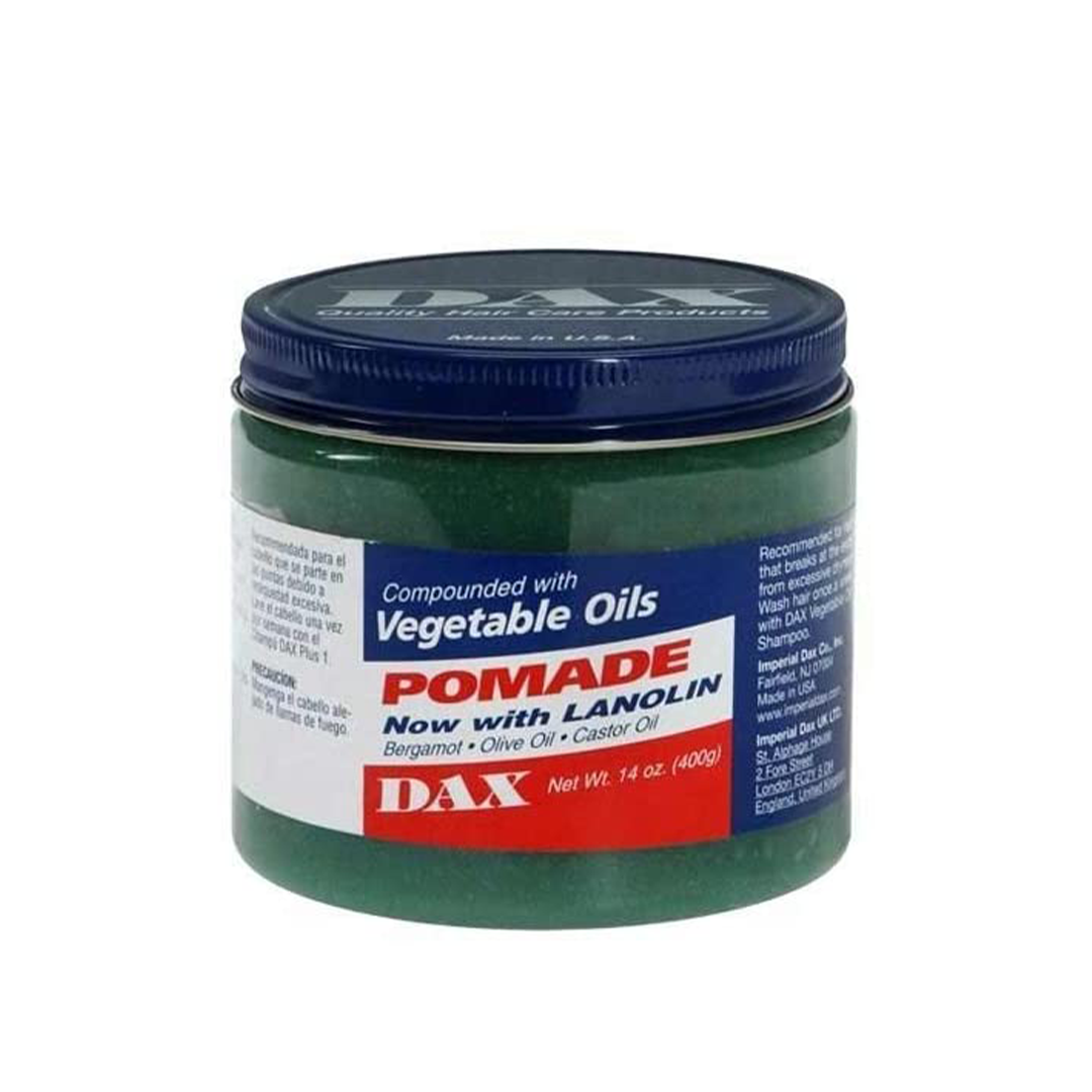 DAX Vegetable Oils Pomade with Lanolin in 14oz jar, hair care product showing the container and label details.