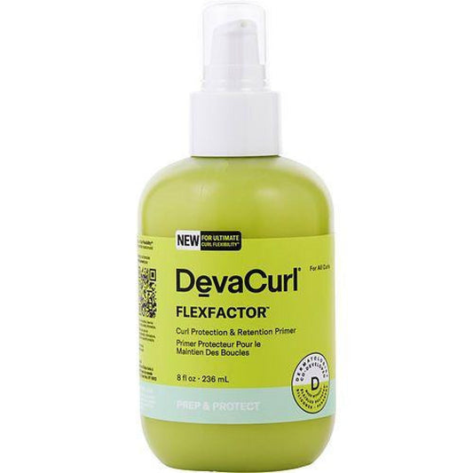 DevaCurl Flexfactor Pre & Protect hair care product in a white 8oz bottle, designed to prep and protect hair during styling.