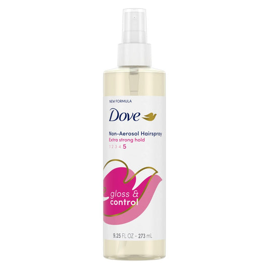 Dove Hair Spray Extra Hold in a spray bottle, designed for strong, long-lasting hair hold and styling.