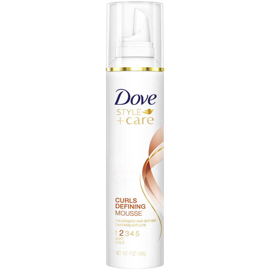 Dove Nourishing Curls Defining Mousse with soft hold in 7oz bottle, lightweight hair care product for curly hair.