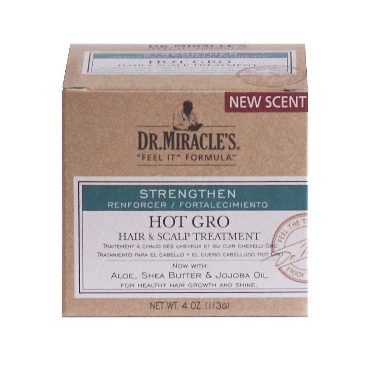 Dr. Miracle's Hair & Scalp Treatment Hot Gro for strengthening hair, shown in a professional hair care product image.