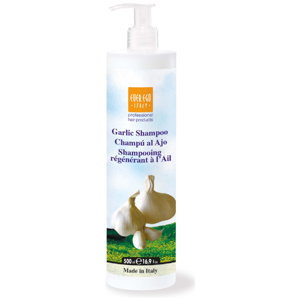 Ever Ego Regenerating Garlic Shampoo by Pasteur Pharmacy, 500ml bottle, showcasing the nourishing hair care product.