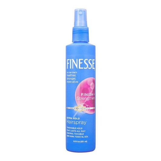 Finesse Finish + Strengthen Extra Hold Non-Aerosol Hair Spray in 8.5 oz bottle, designed for strong, lasting hold and hair care.
