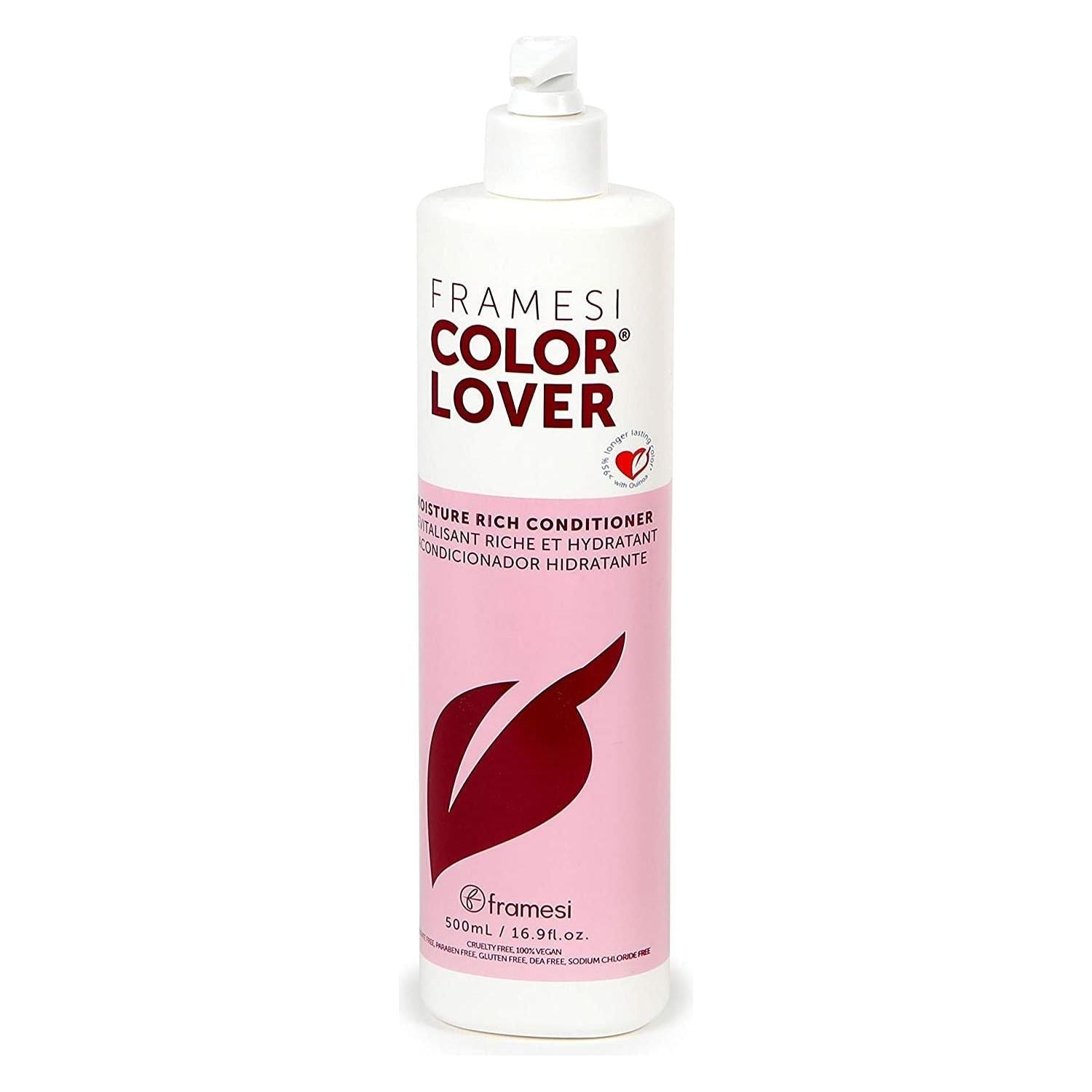 Framesi Color Lover Moisture Rich Conditioner 500ml for vibrant, hydrated hair, shown in a sleek bottle on a clean background.