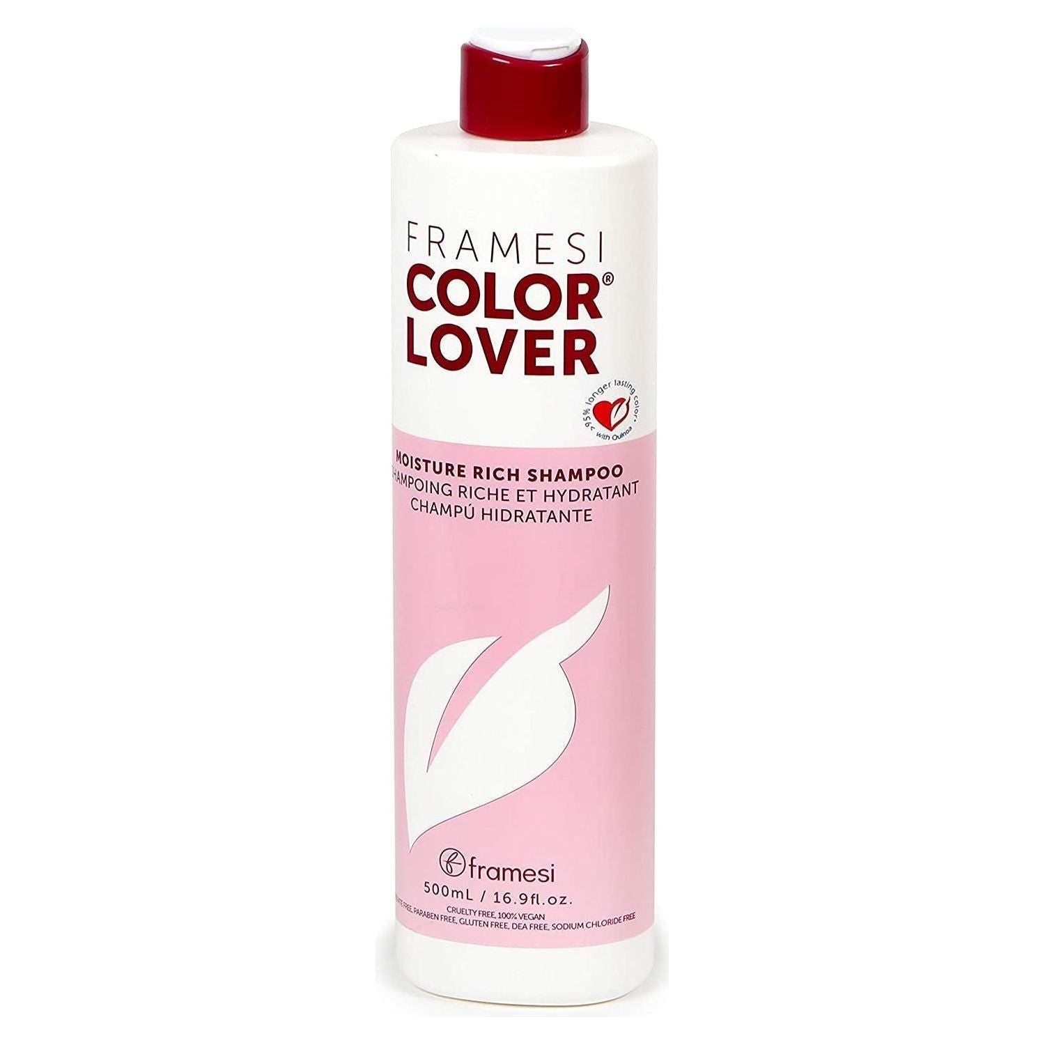 Framesi Color Lover Moisture Rich Shampoo for vibrant hair, 16.9 oz, in a clear bottle with a pump dispenser.
