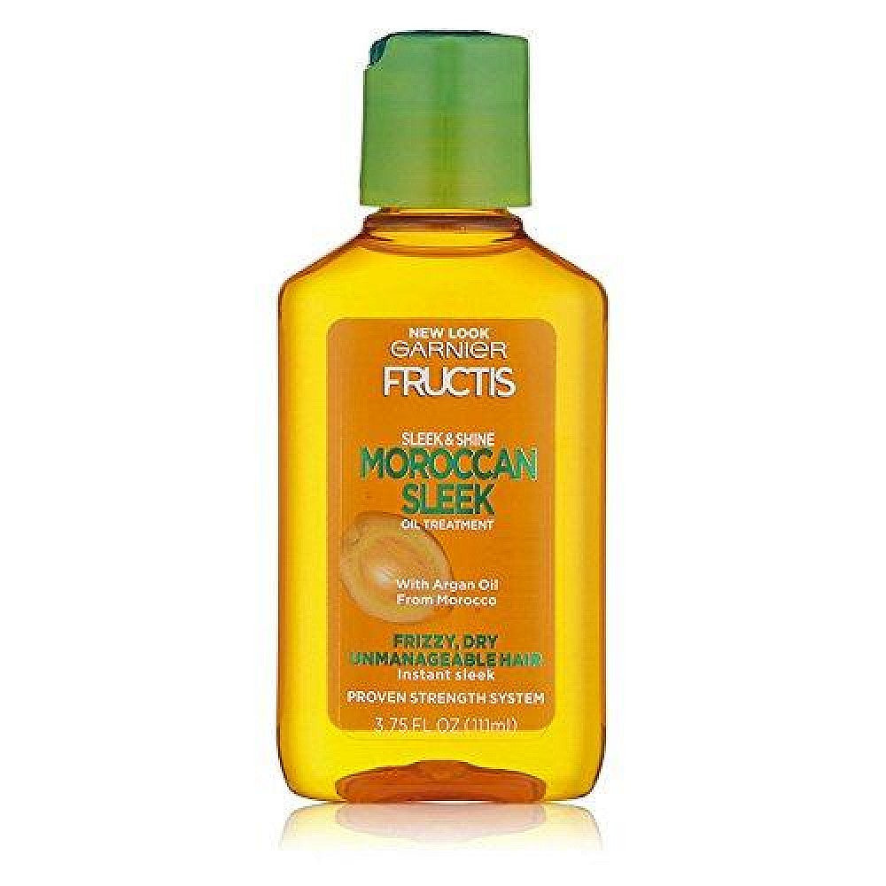 Fructis Garnier Sleek & Shine Moroccan Oil Hair Treatment bottle, 111 mL, for smooth, shiny hair, in a clear plastic container.