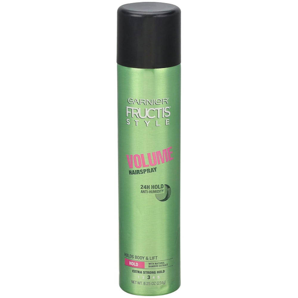 Fructis Style Extra Strong Hold 3 Volume Hairspray bottle, 8.25 oz, hair care product with firm hold for styling and volume.