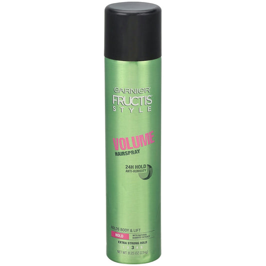 Fructis Style Extra Strong Hold 3 Volume Hairspray bottle, 8.25 oz, hair care product with firm hold for styling and volume.