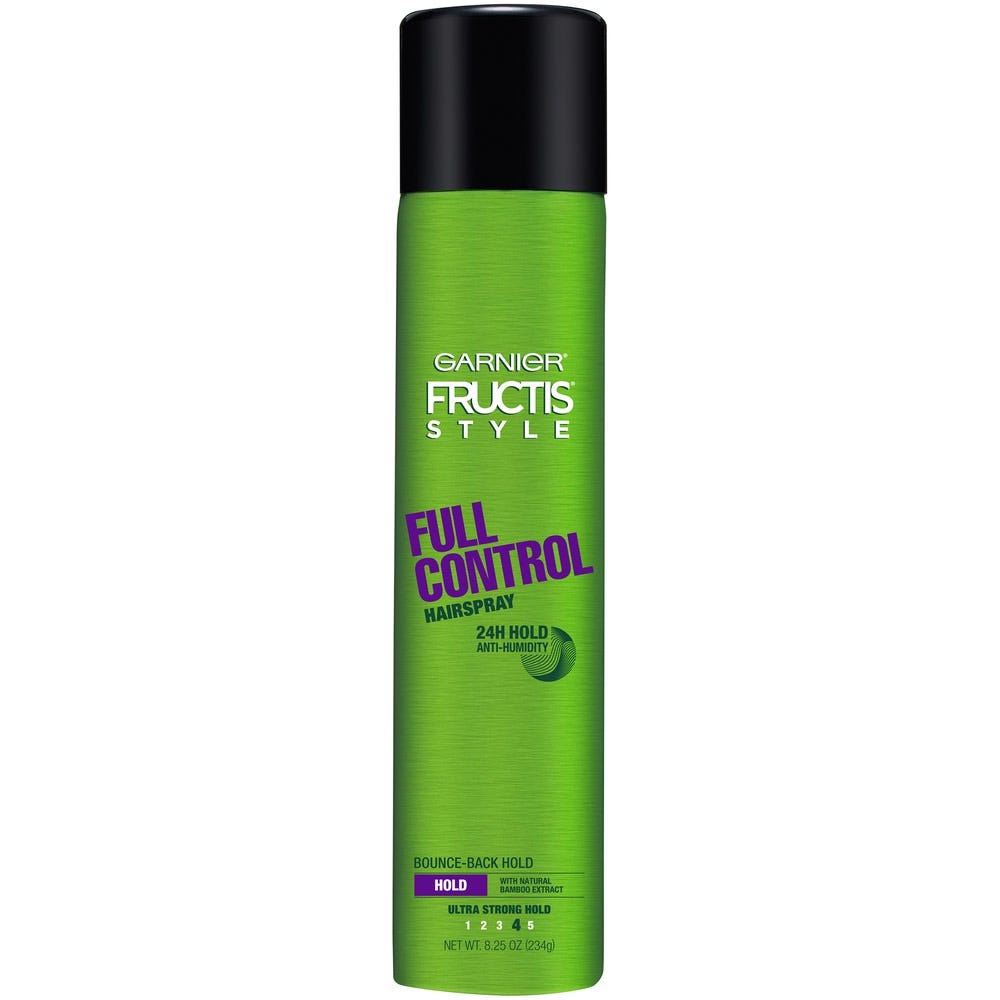 Fructis Style Garnier Full Control Anti-Humidity Ultra Strong Hold Hairspray in 8.25oz bottle, hair care product with spray nozzle.