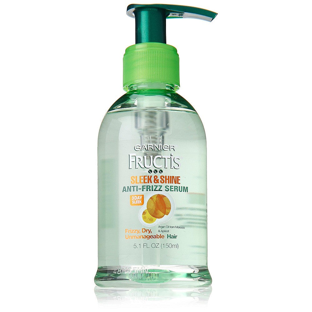 Garnier Fructis Sleek & Shine Anti-Frizz Serum in 5.1 Fl Oz bottle, hair care product for smooth, shiny hair