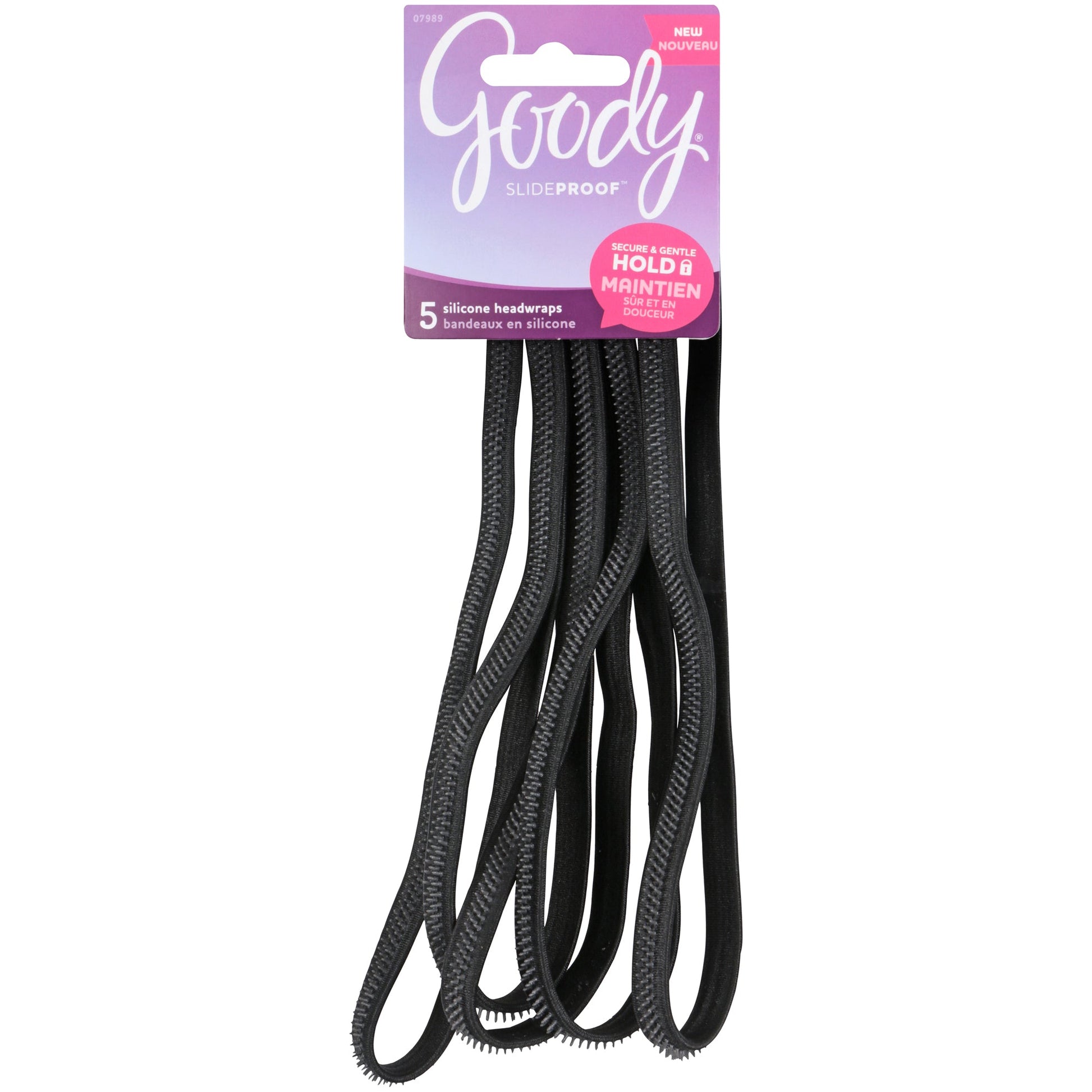 Set of five Goody slideproof thin headbands from Pasteur Pharmacy, ideal for secure, comfortable hair styling.