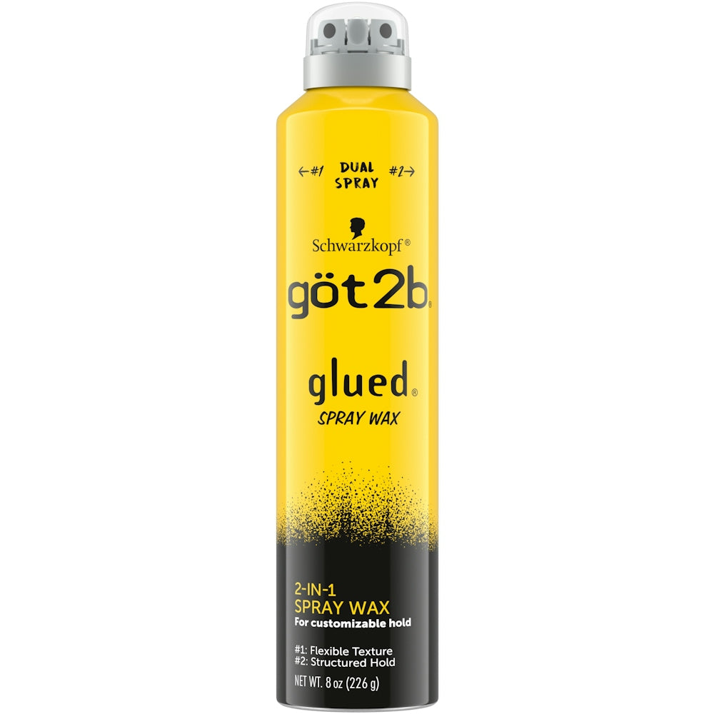 Got2b Glued Spray Wax hair care product with 2-in-1 dual nozzle, 8 oz, designed for strong hold and styling.