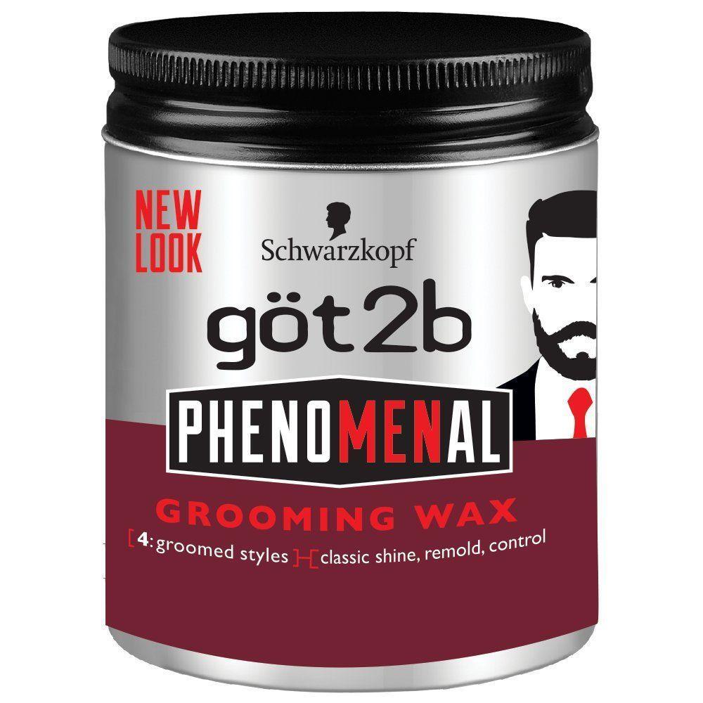 Got2b Phenomenal Grooming Hair Wax in 3.5 ounces, shown in a jar with black and white packaging for styling and shaping hair.