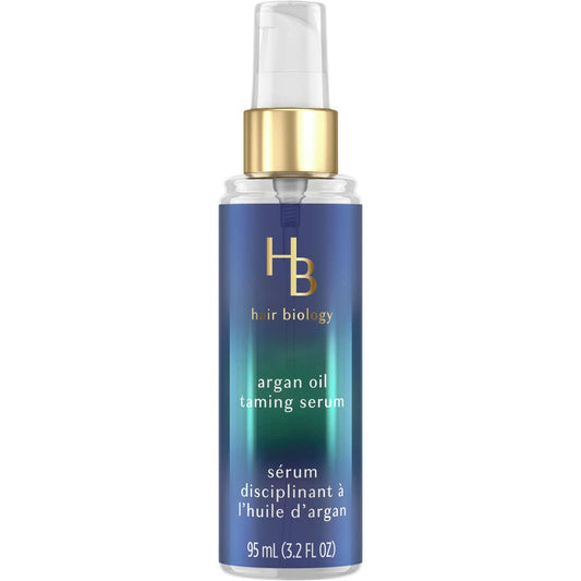 Pasteur Pharmacy Hair Biology Argan Oil Taming Serum with Biotin, 3.2 fl oz, shown in a sleek bottle for dull, frizzy, or dry hair.