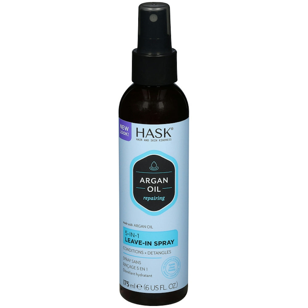 Hask Argan Oil 5-in-1 Leave-In Spray by Pasteur Pharmacy, 6 fl oz, hair care product with spray bottle and argan oil content