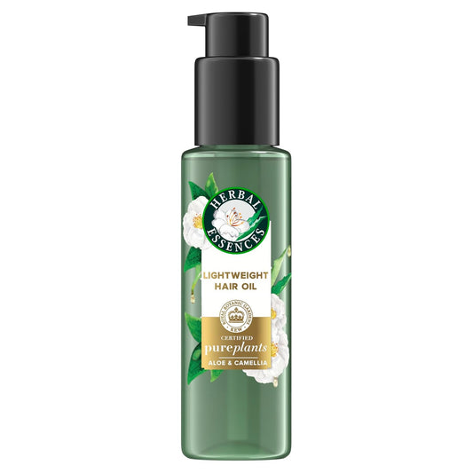 Herbal Essences Aloe & Camellia Hair Oil in a 3.2 fl oz bottle, lightweight hair care product with natural ingredients