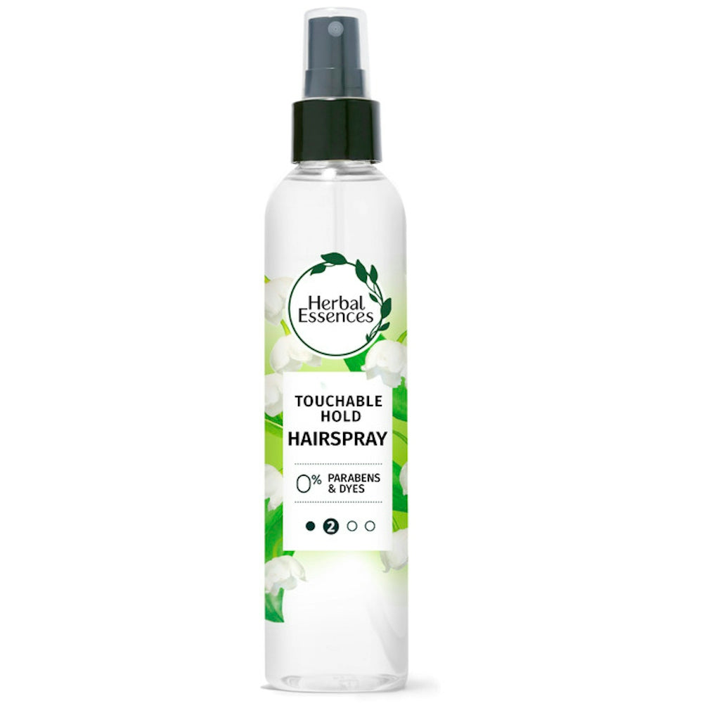 Herbal Essences Medium 2 Touchable Hold Hairspray in 8 oz bottle, hair care product for flexible styling and hold