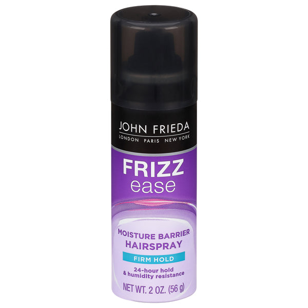 John Frieda Frizz Ease Moisture Barrier Firm Hold Hair Spray in 56g bottle, designed to control frizz and provide strong hold.