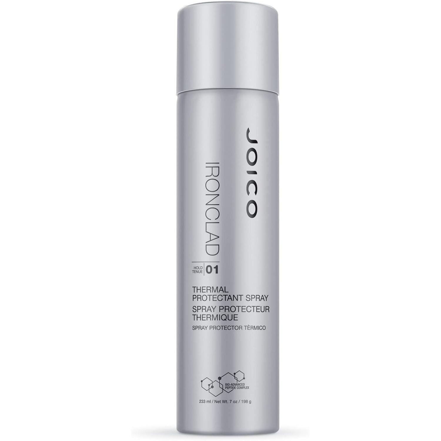 Joico Ironclad Thermal Protectant Spray 7 oz for hair care, featuring a spray bottle with a white cap and label.