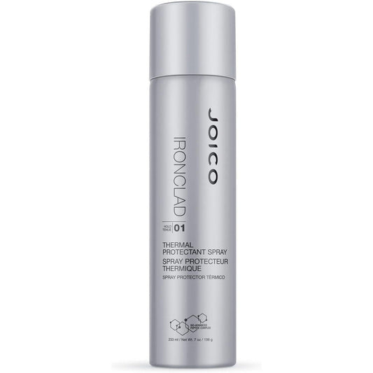 Joico Ironclad Thermal Protectant Spray 7 oz for hair care, featuring a spray bottle with a white cap and label.