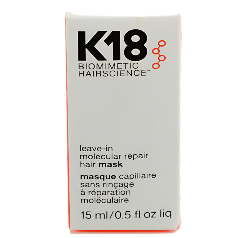 K18 Leave-In Molecular Repair Hair Mask in 0.5 oz jar, nourishing hair care treatment for damaged hair repair.