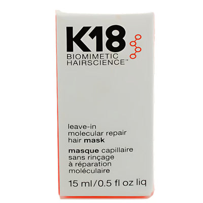 K18 Leave-In Molecular Repair Hair Mask in 0.5 oz jar, nourishing hair care treatment for damaged hair repair.