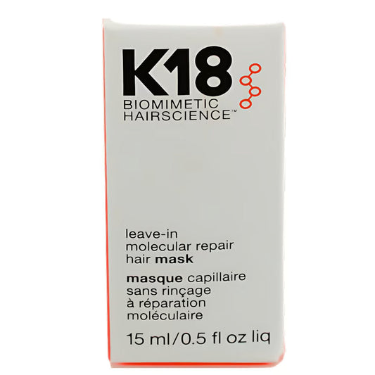 K18 Leave-In Molecular Repair Hair Mask in 0.5 oz jar, nourishing hair care treatment for damaged hair repair.