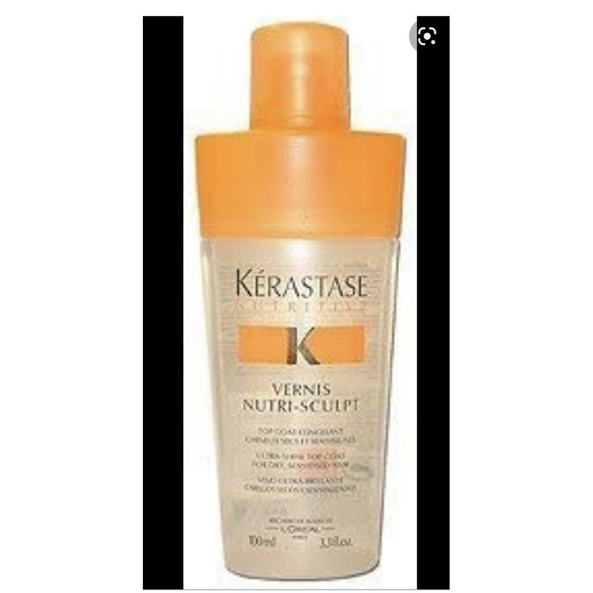 Kerastase Nutritive Vernis Nutri-Sculpt ultra-shine hair top coat in a sleek spray bottle, designed for glossy, nourished hair.