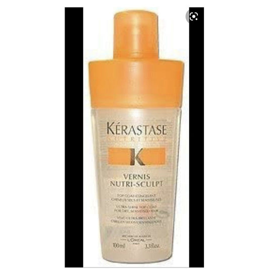 Kerastase Nutritive Vernis Nutri-Sculpt ultra-shine hair top coat in a sleek spray bottle, designed for glossy, nourished hair.