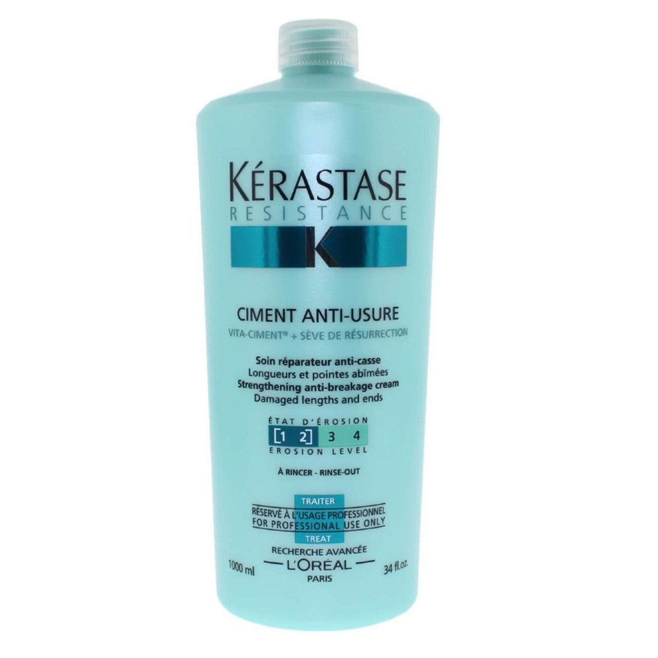Kerastase Resistance Ciment Anti-Usure cream for damaged hair, shown in a sleek hair care jar with a beige lid.