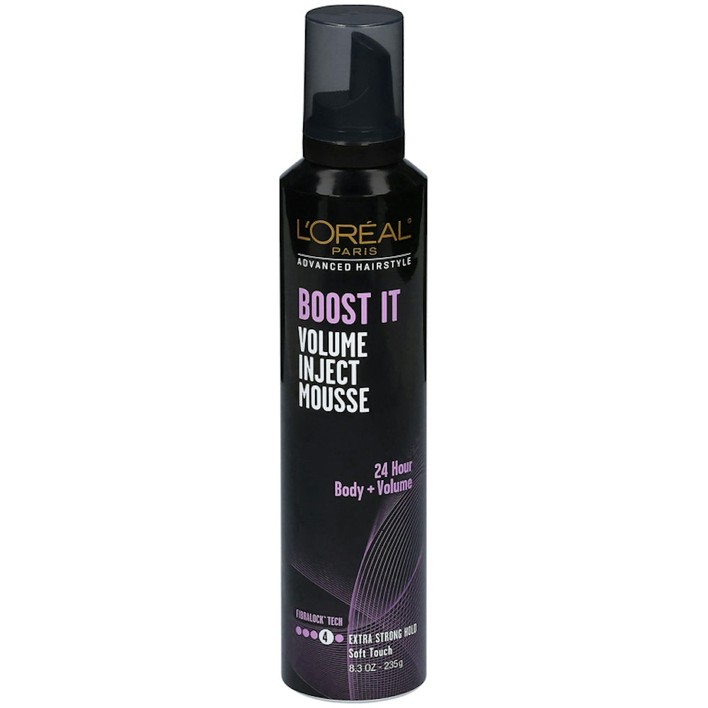 L'Oreal Paris Advanced Hairstyle Boost It Volume Inject Mousse in an 8.3 oz bottle, for adding volume and fullness to hair.