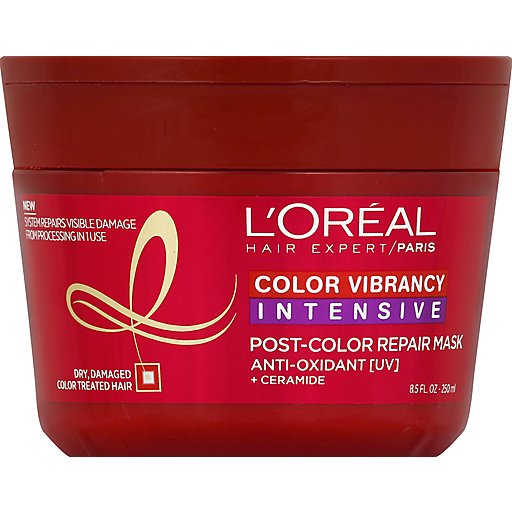 L'Oreal Paris Hair Expert Color Vibrancy Intensive Post-Color Repair Mask in 8.5 oz for damaged hair, shown in a jar.