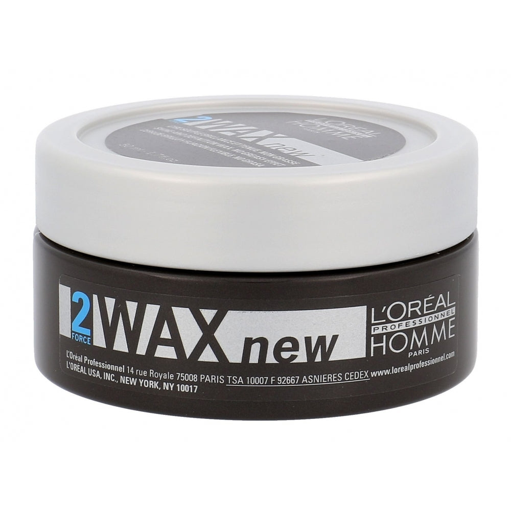 L'Oréal Professionnel Homme Shine and Definition Wax for hair styling, featuring a sleek jar with the product label visible.