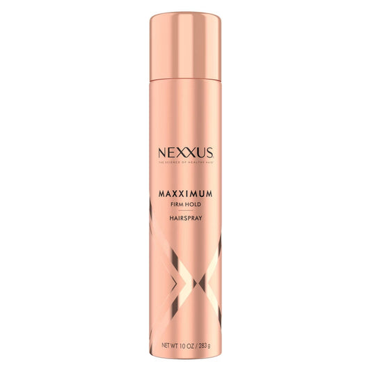 Nexxus Maxximum Hold Finishing Mist hairspray in a 10 oz spray bottle, designed for strong, long-lasting hair hold.
