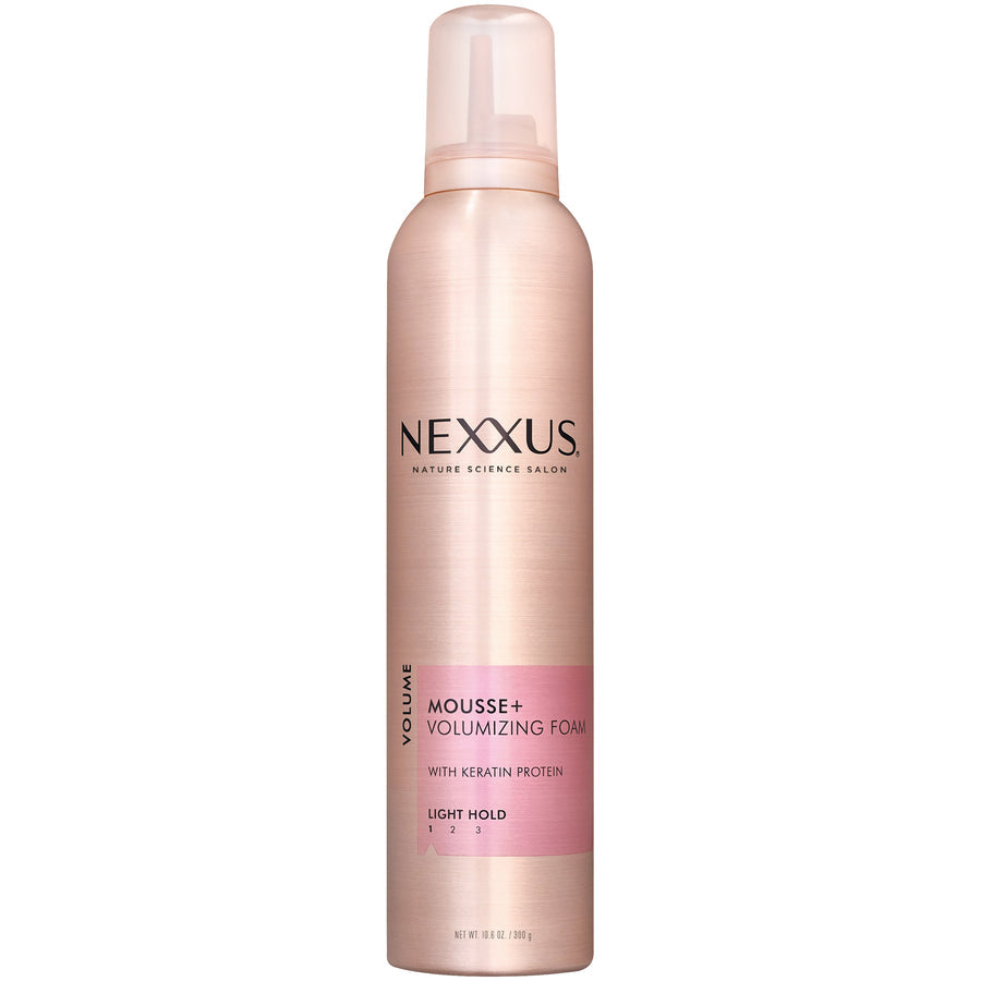 Nexxus Mousse Plus Volumizing Foam for hair volume, 10.6 oz, in a clear bottle with a pump dispenser.