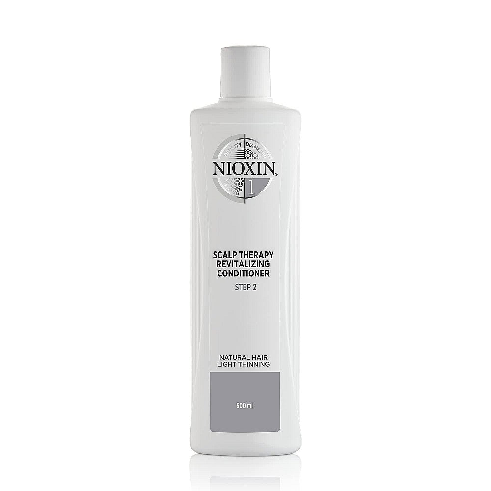 Nioxin System 1 Scalp Therapy Conditioner for fine hair in a 16.9 oz bottle, designed to improve scalp health and hair fullness.