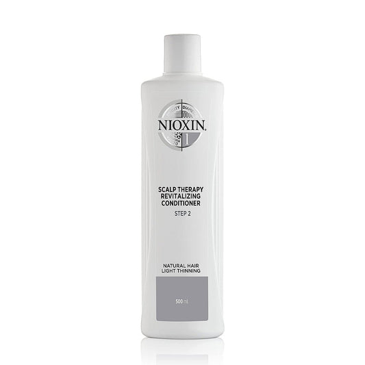 Nioxin System 1 Scalp Therapy Conditioner for fine hair in a 16.9 oz bottle, designed to improve scalp health and hair fullness.