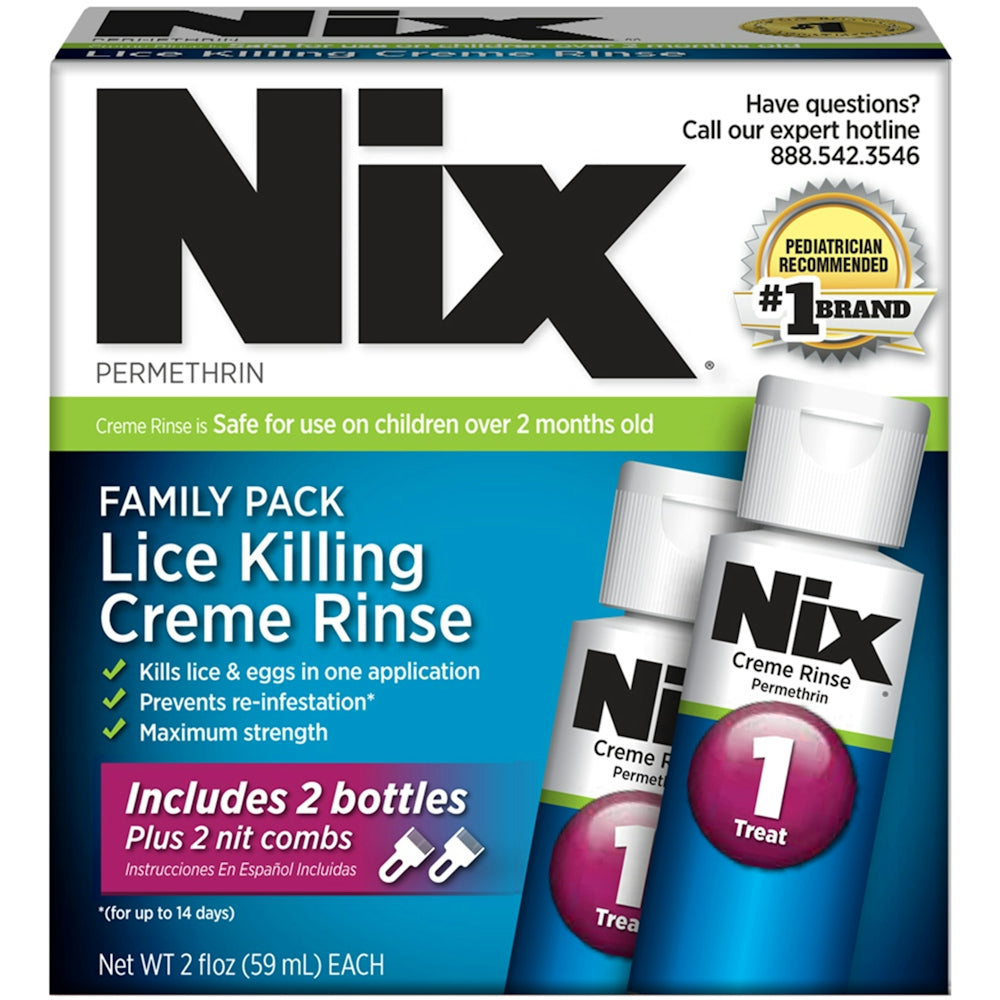 Nix Lice Killing Creme Rinse Family Pack with two 2 fl oz bottles and nit combs for effective lice treatment and removal.