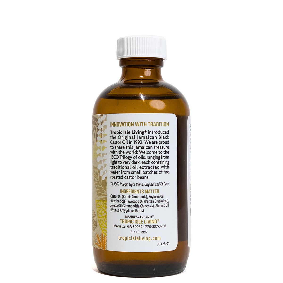 Bottle of Tropic Isle Living Jamaican Black Castor Oil Light Blend for hair care, 4oz, with dark amber glass and label.