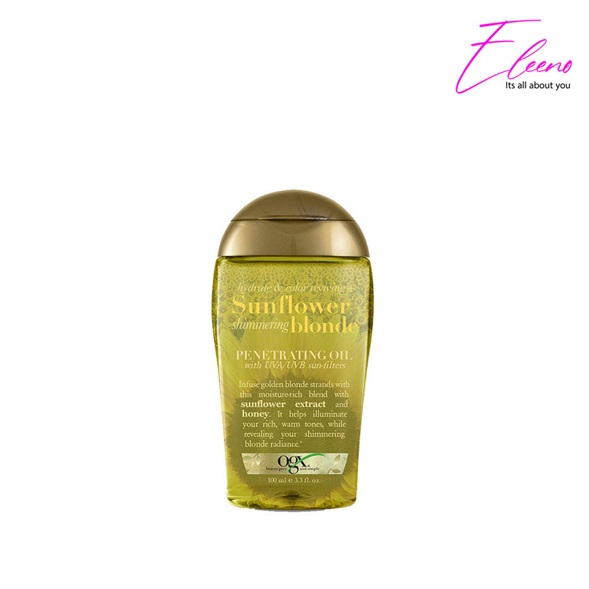 OGX Sunflower Blonde Penetrating Oil for hair care, 3.3oz, highlighting the bottle with sunflower oil formula