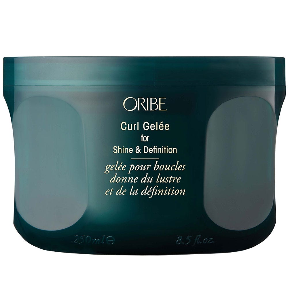 Oribe Curl Gelee for shine and definition, hair care product showing the gel in a sleek container with a clear label.