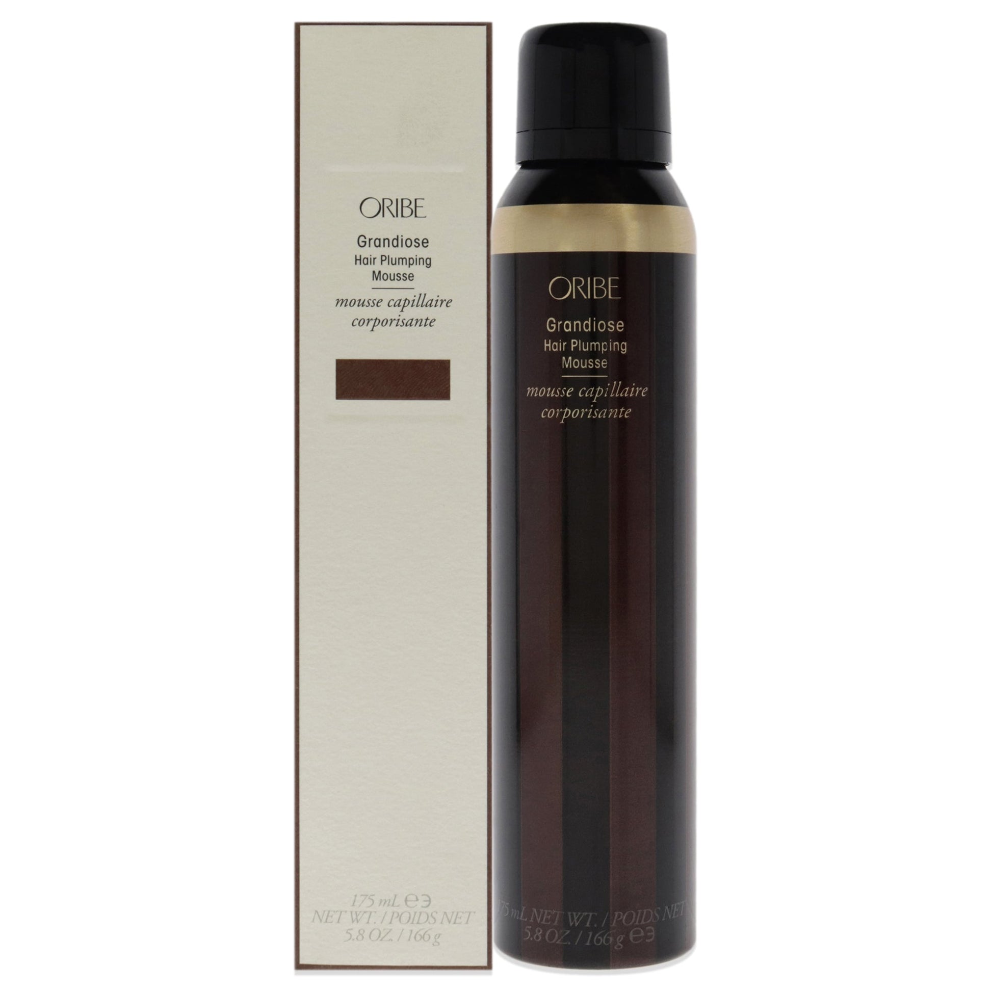 Oribe Grandiose Hair Plumping Mousse in 5.7 oz container, volumizing hair care product with foam texture