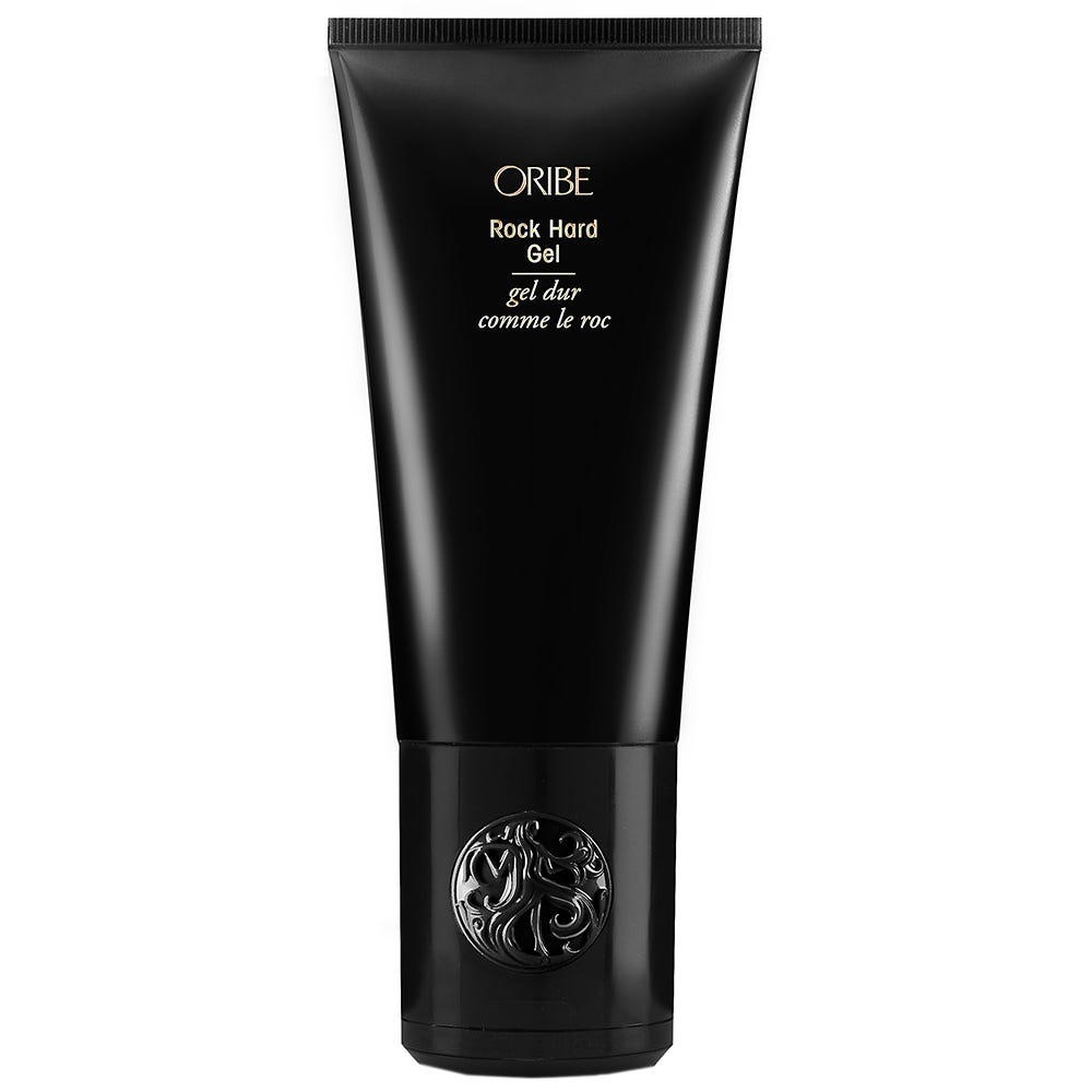Oribe Rock Hard Gel hair styling product with a clear jar and black lid, showcasing its strong hold for hair styling.